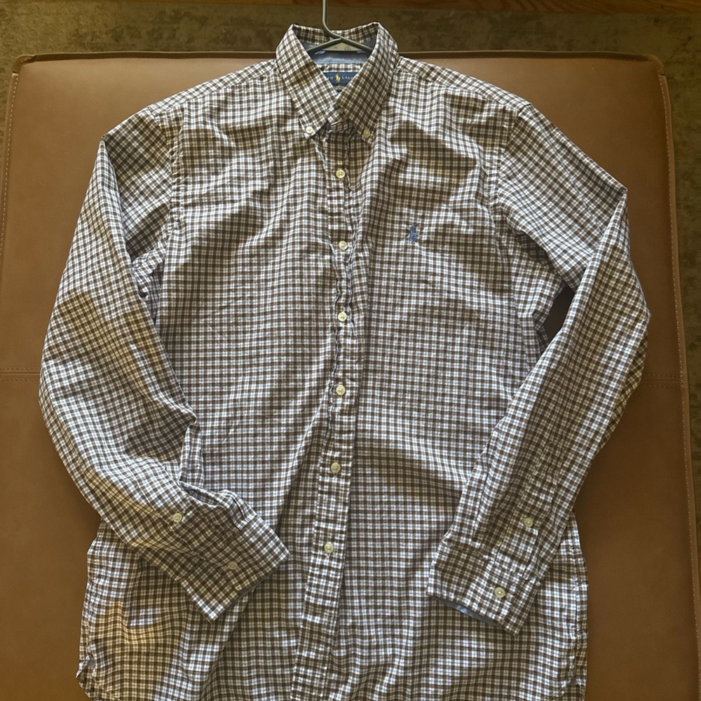 Ralph Lauren Men’s Button Down Shirt Large Blue and Brown Plaid Cotton Stretch